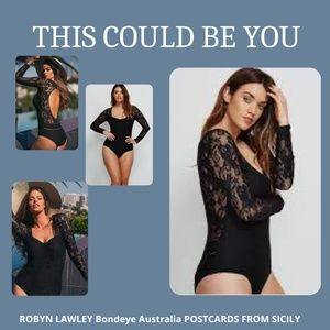 BLACK LACE LONG SLEEVE OPEN BACK ONE PIECE SWIMSUIT Sz US 10